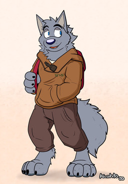 4_fingers 4_toes anthro backpack barefoot biped black_claws black_nose blue_eyes bottomwear brown_bottomwear brown_clothing brown_hoodie brown_pants brown_topwear cheek_tuft claws clothed clothing digitigrade eyebrows facial_tuft fangs feet fingers fluffy fluffy_tail front_view grey_background half-closed_eyes head_tuft hoodie looking_aside looking_away male narrowed_eyes neck_tuft number open_mouth pants paws red_tongue simple_background smile solo standing tail teeth text three-quarter_view toes tongue toony topwear tuft white_text kaohto hiromuwolf canid canine canis mammal wolf 2020 dated digital_drawing_(artwork) digital_media_(artwork) full-length_portrait hi_res portrait signature