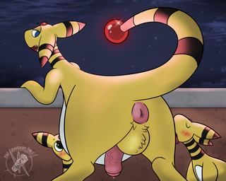ambiguous_gender anus backsack balls belly big_eyes blue_eyes blush bodily_fluids body_worship butt cloud fluffy_balls forehead_gem gem genital_fluids genitals glowing green_eyes group hanging_belly licking light male male/ambiguous penis precum puffy_anus rear_view star stripes tail tongue trio vein wall_(structure) white_belly yellow_body brunwantsmeat nintendo pokemon ampharos generation_2_pokemon pokemon_(species) 5:4 hi_res