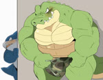 anthro barely_visible_genitalia barely_visible_penis blue_body blush bodily_fluids clothing duo eyes_closed genitals green_body humanoid_hands kemono male musclegut muscular overweight overweight_male penis sweat underwear undressing zipper zipper_underwear hyaku_(artist) crocodile crocodilian fish marine reptile scalie shark 2020 2d_animation animated frame_by_frame loop no_sound short_playtime webm