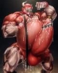 balls belly big_belly bodily_fluids clothing cum erection force_feeding forced genital_fluids genitals hi_res horn huge_belly human human_only hyper hyper_belly lactating male male_lactation mammal mask muscular muscular_male nipples not_furry penis precum rokudenashi solo suit urethral