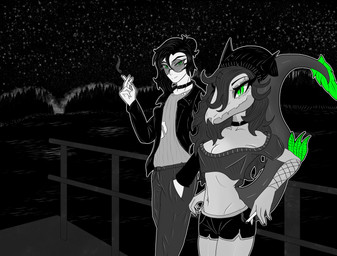 anthro armwear beanie black_bottomwear black_clothing black_hair black_hotpants black_jacket black_shorts black_topwear bottomwear breasts choker cigarette clothed clothed_anthro clothed_female clothed_human clothed_male clothing crop_top duo elbow_feathers eyebrow_piercing facial_piercing feathered_tail feathers female fingers fishnet_armwear fishnet_clothing front_view green_body green_eyes green_feathers grey_bottomwear grey_clothing grey_crop_top grey_hair grey_pants grey_shirt grey_topwear hair hand_in_pocket hat head_turned headgear headwear holding_cigarette holding_object hotpants human_on_anthro humanoid_hands interspecies jacket jewelry long_hair looking_at_viewer male male/female medium_breasts midriff navel necklace night non-mammal_breasts non-mammal_navel open_clothing open_jacket open_topwear outside pants piercing plant pockets shirt shorts sky smile smoke standing star starry_sky tail topwear tree water gothgator0 katernia_(gothgator0) tristan_(gothgator0) dinosaur dromaeosaurid human mammal prehistoric_species reptile saurischian scalie theropod velociraptor absurd_res hi_res restricted_palette