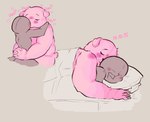 ambiguous_gender anthro bed bedding biped blanket blush duo eyes_closed furniture humanoid_hands kissing lying pillow pink_body sleeping slightly_chubby wgguus unicorn_wars gordi_(unicorn_wars) bear mammal 2023 hi_res