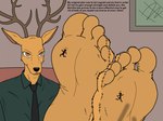 5_toes anthro antlers barefoot black_nose brown_body brown_eyes brown_fur clothing dialogue extreme_size_difference feet foot_fetish foot_focus fur green_clothing green_shirt green_topwear group horn humanoid_feet larger_anthro larger_male male micro nails necktie plantigrade shirt size_difference smaller_anthro smaller_male stick_figure stuck_to_foot text toenails toes topwear trio smellslikejavier beastars legoshi_(beastars) louis_(beastars) riz_(beastars) bear brown_bear canid canine canis cervine deer mammal red_deer ursine wolf 2022 colored digital_drawing_(artwork) digital_media_(artwork) english_text