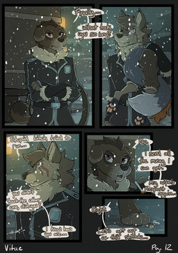 anthro brown_body brown_fur detailed_background dialogue facial_scar female fur grey_body grey_fur group kidnapping male pawpads scar slave snow snowing text unconscious_female winter_coat howlart terra_cruxis aleks_(howlart) crissi_(howlart) vitae_(howlart) canid canine canis domestic_dog mammal comic digital_media_(artwork) english_text hi_res