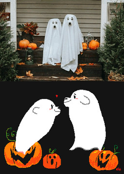 ambiguous_gender black_background blush clothing comparison costume dot_eyes duo eye_contact feral floating food fruit ghost_costume heart_symbol holidays jack-o'-lantern looking_at_another photo plant pumpkin simple_background simple_eyes smile spinning keke_(artist) halloween canid canine canis domestic_dog ghost mammal spirit 2021 2d_animation animated frame_by_frame loop low_res