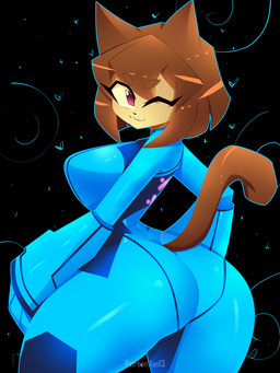 anthro big_butt black_background blue_bodysuit blue_clothing blue_skinsuit bodysuit brown_hair butt clothing eyebrow_through_hair eyebrows female hair heart_symbol looking_at_viewer one_eye_closed simple_background skinsuit solo tight_clothing translucent translucent_hair wink winking_at_viewer zero_suit xan-gelx gameoverse glitch_productions metroid nintendo kit_bodega domestic_cat felid feline felis mammal 3:4 hi_res