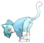 anthro bent_over blue_hair bottomless brown_eyes butt clothed clothing female hair kemono loli panties panties_down partially_clothed simple_background solo stain underwear underwear_down undressing white_background young young_anthro 3yo4yo5yo domestic_cat felid feline felis mammal