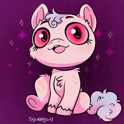 ambiguous_feral ambiguous_gender blue_hair blue_tail chest_tuft collar eyelashes feral freckled_face freckled_legs freckled_shoulders freckles front_view fur hair hooves long_eyelashes markings open_mouth pink_body pink_fur pink_hooves pink_sclera purple_collar simple_background sitting smile solo sparkles spot_freckles spots spotted_face spotted_legs spotted_markings spotted_shoulders tail text tuft young young_ambiguous young_feral squeegull fluffy_pony fluffy_pony_(species) mammal 1:1 2025 artist_name cel_shading digital_media_(artwork) hi_res shaded