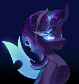 alternate_species black_background blue_eyes fangs female feral hair hole_(anatomy) horn looking_at_viewer pupils purple_hair simple_background slit_pupils solo teeth wings aztrial friendship_is_magic hasbro my_little_pony starlight_glimmer_(mlp) changeling_(mlp) absurd_res hi_res