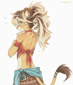 accessory adolescent anthro bodily_fluids clothed clothed_anthro clothed_male clothing crossdressing crossdressing_male emanata femboy freckles fur furgonomics hair hair_accessory long_hair looking_at_viewer looking_back looking_back_at_viewer male male_anthro simple_background solo sweat sweatdrop tail tail_accessory white_background young young_anthro young_male koiyaroid felid lion mammal pantherine 2025 digital_media_(artwork) half-length_portrait hi_res portrait signature