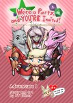 animal_humanoid anthro armor blonde_hair blue_eyes boots cam'wethrin canid canid_humanoid canine canine_humanoid cat_humanoid clothing comic cover cover_art cover_page dachimotsu dice dragon dragon_humanoid english_text felid felid_humanoid feline feline_humanoid female fingerless_gloves footwear fur gloves green_eyes grey_body grey_fur group hair handwear hi_res humanoid japanese_text kornari_vor_(dachimotsu) lagomorph lagomorph_humanoid legwear leporid_humanoid mammal mammal_humanoid mono_(dachimotsu) mythological_creature mythological_scalie mythology narrow_hips pink_body pink_hair pink_scales rabbit_humanoid reaching_towards_viewer red_eyes scales scalie serigala_(dachimotsu) tan_body tan_fur text thigh_boots thigh_gap thigh_highs thin_calves thin_legs thin_thighs we're_a_party_and_you're_invited! wolf_humanoid yellow_sclera