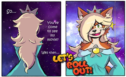 anthro clothed clothing crossdressing crown dialogue fur hair headgear looking_at_viewer male open_mouth solo text dapuffster mario_bros nintendo star_fox super_mario_galaxy fox_mccloud rosalina_(mario) canid canine fox mammal english_text