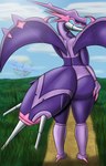 anthro big_butt blue_eyes butt claws cloud female grass_field horn light light_beam looking_back markings path pink_markings purple_body rear_view sky skyscape solo stinger sun sunbeam sunlight thick_thighs unusual_eyes wings lindwormduality nintendo pokemon generation_7_pokemon humanoid naganadel pokemon_(species) ultra_beast 9:14 absurd_res hi_res