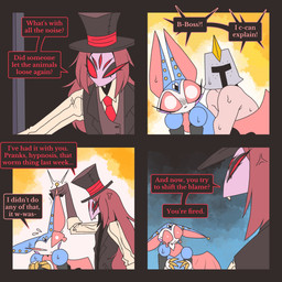 androgynous angry armor bell bodily_fluids caught_in_the_act claws clothed clothing cross-popping_vein cursed dialogue doll ear_grab ears_down eyelashes female fool's_hat group hair handwear hat headgear headgear_only headwear heart_symbol helmet helmet_only jester knight long_hair makeup male membrane_(anatomy) membranous_wings missing_wing neck_tuft necktie pivoted_ears puppet simple_background speech_bubble sweat sweatdrop tears tears_of_pain teeth text top_hat tuft warrior wings ponporio buk_(alien_lich_lord) dr._dorian_ivo_pentrix jynx_(alien_lich_lord) animate_inanimate arachnid arthropod bat human living_doll living_puppet mammal spider 1:1 absurd_res comic english_text hi_res