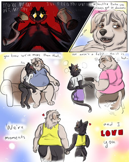 anthro bait_and_switch belly belly_overhang belly_peeking_out big_belly big_butt butt clothing declaration_of_love degradation duo fat_arms fat_rolls feederism femboy huge_belly huge_butt male morbidly_obese morbidly_obese_male obese obese_male overweight overweight_male romantic romantic_couple text thick_thighs weight_difference weight_gain rowan_bou beau_(rowan_bou) lukas_(rowan_bou) canid canine canis domestic_cat domestic_dog felid feline felis great_pyrenees livestock_guardian_dog mammal molosser mountain_dog pastoral_dog comic english_text hi_res