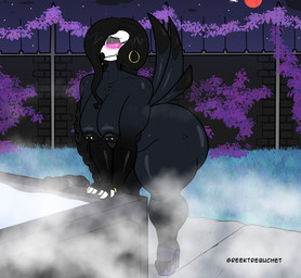 aged_up anthro big_breasts big_butt bottom_heavy breasts butt clothing curvy_figure female footwear glowing glowing_eyes hair high_heels hot_tub huge_butt long_hair mature_female nipple_piercing nipples piercing shoes sky solo steam thick_thighs voluptuous wide_hips greektrebuchet hellaverse helluva_boss octavia_(helluva_boss) owl_demon hi_res