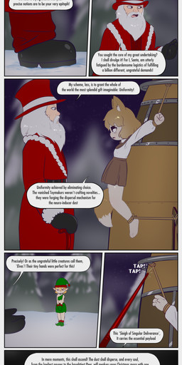 3_toes 4_fingers anthro bare_legs barefoot beard belt boots bottomwear bound breasts brown_eyes butt butt_from_the_front cane clothed clothing cold damsel_in_distress defeated_heroine dialogue dipstick_tail dominant dominant_human dominant_male duo evil_santa explosion eyeshadow facial_hair feet female fingers fist fluffy fluffy_tail fog footwear forest freckles helpless holidays human_dominating_anthro human_on_anthro inner_ear_fluff interspecies investigator larger_male makeup male markings night old_english onomatopoeia pear-shaped_figure peril plant pointy_ears prick_ears red_clothing rocket ryona shaking shivering shoes silhouette size_difference skimpy skirt smaller_female snow sound_effects submissive submissive_female tail tail_markings text toes tree tuft wide_hips e254e christmas elizabeth_(e254e) santa_claus canid canine elf fox human mammal absurd_res comic english_text hi_res