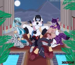 anthro anus backsack balls black_body black_fur black_penis blue_nipples blue_penis breasts butt detailed_background egyptian erection fur genitals glans grin group gynomorph hand_on_breast harem harem_outfit herm humanoid_genitalia humanoid_penis intersex looking_at_viewer moon nipples penis pink_nipples pink_penis presenting presenting_hindquarters purple_body purple_fur purple_glans purple_vulva pyramid smile spots spread_legs spreading take_your_pick veil vulva white_body white_fur second_city_saint canid canine canis domestic_cat felid feline felis hyena lagomorph leporid mammal rabbit spotted_hyena wolf