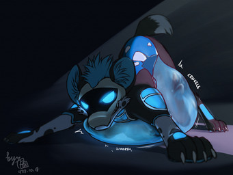 4_toes abdominal_bulge ambiguous_focus ambiguous_gender ambiguous_pred ambiguous_prey ass_up barefoot belly big_belly black_background black_body black_skin blue_body blue_eyes blue_fur blue_hair blue_sclera blue_tuft bodily_noises cheek_tuft claws clenched_teeth dark different_sound_effects digitigrade dipstick_tail duo extended_sound_effect faceless_ambiguous faceless_character facial_tuft fangs feet feral feral_focus feral_pred fingers forced front_view fur fur_tuft grey_text grin hair half-closed_eyes head_tuft inner_ear_fluff light machine markings motion_lines multicolored_body multicolored_tail narrowed_eyes nude number onomatopoeia oral_vore paws quadruped robotic rumbling_stomach same_size_vore short_hair simple_background slorsh slosh sloshing_belly small_tail smile soft_vore solo_focus sound_effect_variant sound_effects standing struggling tail tail_markings teeth text three-quarter_view toes translucent translucent_belly translucent_body_parts transparent_belly tuft visor vore white_claws white_text lunlunfox radar_(thetwfz) african_wild_dog canid canine mammal robot 2020 4:3 dated digital_drawing_(artwork) digital_media_(artwork) hi_res lighting signature