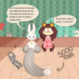 anthro apron balls big_balls big_penis blush brown_body clothing duo female genitals huge_balls huge_penis hyper hyper_genitalia hyper_penis male penis text white_body lokbunny17 animal_crossing nintendo lok_bunny sable_able amoeba_(organism) aquatic eulipotyphlan hedgehog lagomorph leporid mammal rabbit english_text hi_res