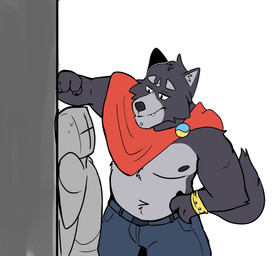 anthro bodily_fluids bracelet brooch cape clothing countershading duo facial_piercing grey_body jewelry labret_piercing lip_piercing male male/male nipples piercing smile sweat wiekzi adastra adastra_(series) echo_project amicus_(adastra) anon canid canine canis human mammal wolf absurd_res hi_res