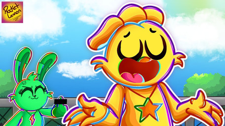 4_fingers anthro cross-popping_vein duo female fingers gesture green_body hand_gesture male middle_finger smile star yellow_body rocketlennon mob_entertainment poppy_playtime smiling_critters hoppy_hopscotch kickinchicken avian bird chicken galliform lagomorph leporid mammal phasianid rabbit