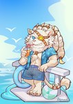 anthro beard beard_ponytail clothing facial_hair fur male muscular muscular_anthro muscular_male solo swimwear water white_beard white_body white_facial_hair white_fur raymond158 league_of_legends riot_games tencent rengar_(lol) felid feline lion mammal pantherine hi_res