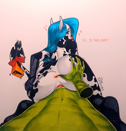 accessory animal_print anthro anthro_on_anthro anthro_penetrated anthro_penetrating anthro_penetrating_anthro anus blue_eyes blue_hair bow_(feature) bow_accessory bow_ribbon butt butt_grab cow_print cowbell duo faceless_character faceless_male facial_piercing female female_on_top female_penetrated first_person_view furgonomics genitals hair hand_on_another's_butt hand_on_butt heart_eyes heart_symbol looking_at_viewer looking_back looking_back_at_viewer male male/female male_on_bottom male_penetrating male_penetrating_female nose_piercing nose_ring on_bottom on_top penetration penis piercing reverse_cowgirl_position ribbons ring_piercing sex simple_background spade_tail tail tail_accessory tail_bow tail_grab tail_ribbon text vaginal vaginal_penetration vulva puffinza brenda_(puffinza) bovid bovine cattle dairy_cattle holstein_friesian_cattle mammal hi_res
