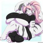 anthro big_breasts big_bulge biped breasts bulge clothing gynomorph hair huge_breasts intersex looking_at_viewer paws pink_eyes pink_hair shirt sitting smile solo stripes thick_thighs topwear underwear deonwolf daydream_kinamoto canid canine fox hybrid mammal 1:1 2016 hi_res