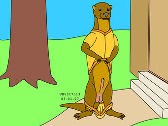 animal_genitalia balls blue_sky bottomwear bottomwear_down brown_body brown_fur building clothed clothing clothing_lift day feet fur genitals grass green_grass house male membrane_(anatomy) otter_tail outside pants pants_around_ankles pants_down partially_clothed plant presenting presenting_to_viewer semi-anthro sheath shirt shirt_lift sky smile smiling_at_viewer solo steps tail toes topwear tree webbed_feet webbed_hands urbanhermit mammal mustelid otter 2003 4:3 colored dated