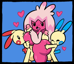 anthro balls big_breasts big_butt big_penis black_eyes blue_background blush blush_lines breasts butt eyes_closed female genitals group hair heart_symbol huge_breasts huge_butt huge_penis male male/female nude nude_anthro nude_female nude_male one_eye_closed open_mouth penis pink_body pink_hair sex simple_background standing standing_sex tail thick_thighs trio wide_hips yellow_body yopy nintendo pokemon generation_3_pokemon generation_9_pokemon minun plusle pokemon_(species) tinkaton 2026 digital_media_(artwork) hi_res
