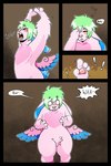 anthro blush cel_shading comic comic_panel friday_(puppetmaster13uwu) fur green_hair hair lagomorph leporid male mammal nonbinary_(lore) open_mouth pawpads paws pink_body pink_fur pink_nose puppetmaster13uwu rabbit rabbit_ears scut_tail shaded short_tail skvader solo spread_wings stretching_arms tail tired wings yawn