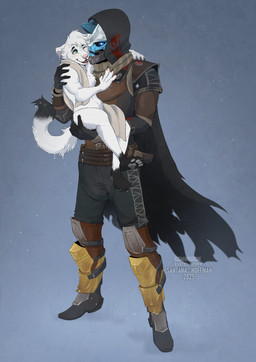 anthro black_cape black_clothing blue_eyes brown_body cape clothed clothing duo fur green_eyes grey_body holding_another male male_anthro male_humanoid nude scarf size_difference standing text white_body white_fur santanahoffman bungie destiny_(series) cayde-6 humanoid 2025 artist_name dated hi_res