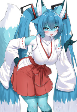 alternate_species anthro asian_clothing blue_body blue_ears blue_eyes blue_fur blue_hair blue_tail blush breasts claws clothed clothing countershade_face countershade_fur countershading cute_fangs dipstick_tail east_asian_clothing fangs female female_anthro fur furrification hair japanese_clothing kemono long_hair looking_at_viewer markings miko_outfit open_mouth shrine_maiden simple_background solo tail tail_markings teeth white_background white_body white_fur white_tail_tip horokusa0519 vocaloid yamaha_corporation hatsune_miku canid canine fox mammal 2025 hi_res