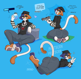 3_toes 4_fingers anthro barefoot big_butt butt clothed clothing dialogue ear_piercing feet female fingers gameplay_mechanics gesture gun hand_gesture handgun holding_gun holding_handgun holding_object holding_pistol holding_ranged_weapon holding_weapon lying on_front open_mouth pawpads piercing pistol ranged_weapon shield_potion simple_background solo tail text toes v_sign weapon yellow_eyes kilinah epic_games fortnite meow_skulls calico_cat domestic_cat felid feline felis mammal 2023 digital_media_(artwork) english_text hi_res
