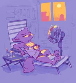 ambiguous_gender anthro arm_tuft bodily_fluids chair cheek_tuft chest_tuft clothed clothing clothing_pull container cup drinking_straw elbow_tuft electric_fan facial_tuft furniture head_tuft inside knee_tuft leg_tuft lounge_chair oscillating_fan reclining shirt shirt_pull solo sun sweat topwear topwear_pull tuft underwear window fuel_(artist) disney zootopia skye_(zootopia) arctic_fox canid canine fox mammal true_fox 2019 hi_res