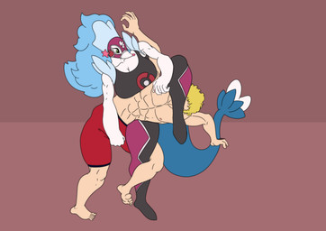 anthro athletic athletic_female athletic_male bulge_grab clothing cock_and_ball_torture cosplay_pikachu_(costume) dominant dominant_female duo female genital_torture male male/female mixed_wrestling nipple_fetish nipple_pinch nipple_play pinch thick_thighs wrestling wrestling_outfit norsuiso nintendo pokemon generation_7_pokemon human mammal pokemon_(species) primarina absurd_res hi_res