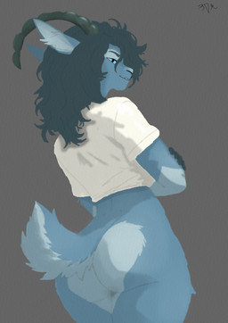 5_fingers anthro balls big_butt blue_body blue_eyes blue_fur butt butt_focus butt_shot clothing curvy_figure fingers fur genitals horn huge_butt male nude penis presenting presenting_hindquarters shirt thick_thighs topwear voluptuous wide_hips delimeatsart bexx_(character) bovid caprine demon goat ibex mammal 2026 digital_media_(artwork) hi_res