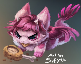 angry chibi chicken_meat feathered_wings feathers food fur gradient_background hair horn meat painting_(object) pink_body pink_fur pink_hair simple_background solo tail wings blitzdrachin conditional_dnp mythology dragon furred_dragon furred_scalie mythological_creature mythological_scalie scalie signature