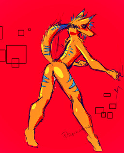 anthro dripping eyeburn female from_behind_position fur fur_markings lubricating markings orange_body sex solo spread_legs spreading stripes animal_humanoid canid canid_humanoid canine canine_humanoid dog_humanoid humanoid mammal mammal_humanoid colorful_theme hi_res