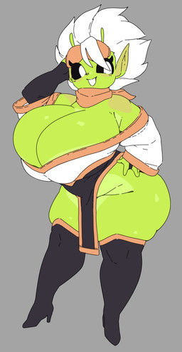 antennae_(anatomy) armwear big_breasts big_butt black_sclera boots breasts butt cleavage clothed clothing elbow_gloves eyelashes eyewear eyewear_on_head female footwear gloves goggles goggles_on_head green_body grey_background hair hand_in_hair hand_on_hip handwear high_heeled_boots high_heels huge_breasts huge_butt humanoid_pointy_ears inverted_eyes off_shoulder open_mouth open_smile pointy_ears scarf shoes simple_background smile solo thick_thighs touching_hair white_eyes white_hair aortauricle valerie_(theguywhodrawsalot) alien alien_humanoid humanoid hi_res