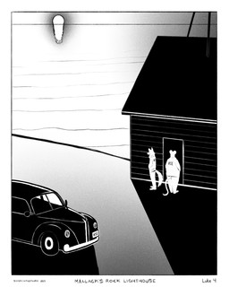 anthro big_ears black_car border building car clothing door duo house jacket male mouse_tail sea sun sunrise tail text topwear vehicle vintage_car water white_border wood_paneling sharkinthepark kennedy_(sharkinthepark) matheson_(sharkinthepark) canid canine fox mammal mouse murid murine rodent 2025 4:5 absurd_res comic english_text greyscale hi_res monochrome