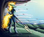 2021 amber_eyes anthro anthrofied armor asian_mythology blue_armor bomzzzik butt cherry_blossom chinese_mythology detailed_background digital_drawing_(artwork) digital_media_(artwork) dragon east_asian_mythology fantasy_class female fire flaming_hair flaming_tail green_body green_scales halberd hi_res hybrid longma looking_away melee_weapon mythological_creature mythological_equine mythological_scalie mythology plant polearm pseudo_hair rear_view scales scalie signature solo tail them's_fightin'_herds tianhuo_(tfh) tree unguligrade_anthro warrior weapon