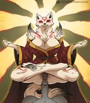 amaterasu_(okami) anthro asian_clothing big_breasts biped breasts brown_eyes canid canine canis capcom cleavage clothed clothing clover_studio crossed_legs duo east_asian_clothing erection female front_view fur genitals goolee grey_body hi_res japanese_clothing kimono male mammal navel okami_(capcom) penis white_body white_fur wolf