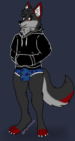 anthro black_clothing black_hoodie black_topwear blue_clothing blue_underwear boxers_(clothing) bulge cheek_tuft claws clothing digitigrade embarrassed embarrassed_expression eyebrows facial_tuft fluffy fluffy_ears fluffy_legs fluffy_tail fur grey_body grey_fur hand_in_pocket hoodie male neck_tuft paws pockets red_body red_fur solo tail tight_underwear toothy_grin topwear tuft underwear mafoowo sega sonic_the_hedgehog_(series) sonic_unleashed max_harwell sonic_the_hedgehog sonic_the_werehog canid canine canis mammal wolf