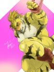 abs blush butt covering covering_self male muscular muscular_male nipples nude pecs ribbons solo mknrhsm lifewonders tokyo_afterschool_summoners macan_(tas) felid mammal pantherine tiger 3:4 hi_res