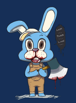 3_toes 4_fingers ambiguous_gender anthro axe baseball_cap biped blood blood_on_face blood_on_mouth blood_on_teeth blood_on_weapon blood_stain blue_body bodily_fluids brown_clothing brown_eyes button_(fastener) clothing creepy dialogue dripping ellipsis feet fingers floppy_ears freckles front_view fusion grey_nose hat headgear headwear holding_object holding_weapon melee_weapon multicolored_body nightmare_fuel nosebleed overalls shadow simple_background solo speech_bubble standing stare text toes transparent_background two_tone_body weapon white_body wide_eyed alien-sama animal_crossing konami nintendo silent_hill robbie_the_rabbit zipper_t._bunny lagomorph leporid mammal rabbit 2016 aliasing alpha_channel crossover digital_drawing_(artwork) digital_media_(artwork) english_text