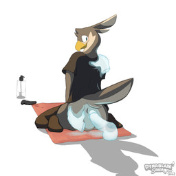 anthro anus balls beak black_clothing bodily_fluids butt butt_grab clothing dildo disembodied_hand disembodied_penis dripping duo feathers footwear genital_fluids genitals ghost_hand glowing glowing_genitalia glowing_penis grey_body grey_feathers hand_on_butt imminent_sex leggings legwear lube_bottle male male/male nervous nervous_smile penis precum precum_drip raised_tail sex_toy shirt simple_background socks spread_butt spreading tail topwear towel translucent translucent_penis white_background white_body white_butt white_feathers dynabird dyna_(dynablade_savior) avian bird ghost spirit 1:1 hi_res watermark