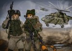 aircraft anthro armor assault_rifle camo clothed clothing duo gun headgear helicopter helmet male mil_mi-17 military ranged_weapon rifle vehicle weapon masongreen felid feline mammal absurd_res hi_res