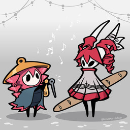 2_horns ambiguous_gender anthro baguette bread clothing cosplay crossover_cosplay dress drill_curls duo empty_eyes eyelashes female food gradient_background grey_background hair hat headgear headwear holding_food holding_object horn larger_anthro larger_female musical_note musical_symbol pink_hair playing_music simple_background size_difference smaller_ambiguous smaller_anthro symbol twintails_(hairstyle) nyapurrlitan hollow_knight:_silksong hollow_knight_(franchise) synthesizer_v team_cherry utau hornet_(hollow_knight) kasane_teto sherma_(hollow_knight:_silksong) arthropod insect 1:1 crossover digital_drawing_(artwork) digital_media_(artwork) hi_res watermark